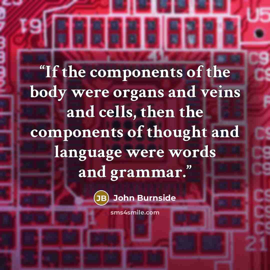 “If the components of the body were organs and veins and cells, then the components of thought and language were words and grammar.” quote by John Burnside