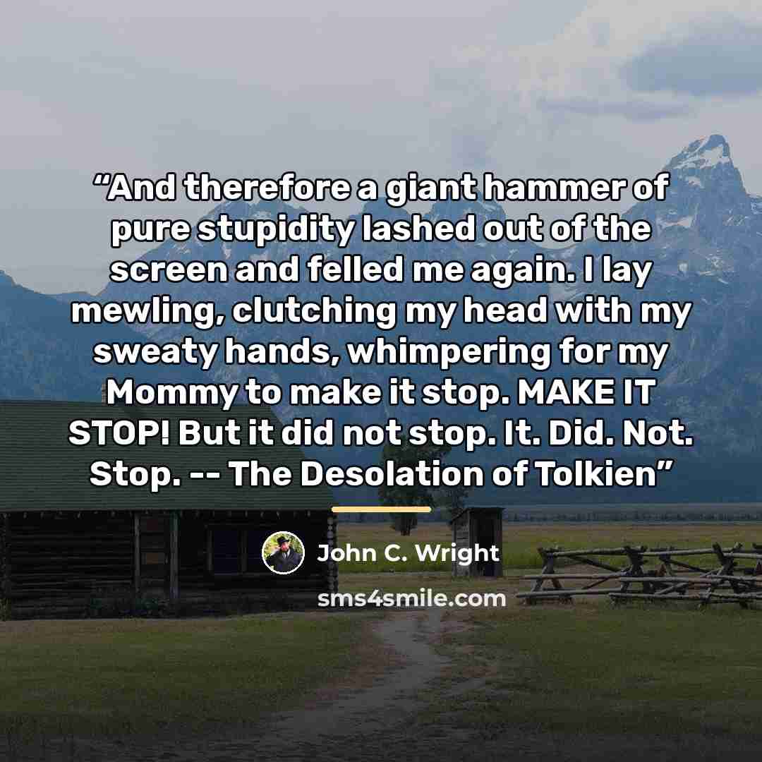 “And therefore a giant hammer of pure stupidity lashed out of the screen and felled me again. I lay mewling, clutching my head with my sweaty hands, whimpering for my Mommy to make it stop. MAKE IT STOP! But it did not stop. It. Did. Not. Stop. -- The Desolation of Tolkien” quote by John C. Wright