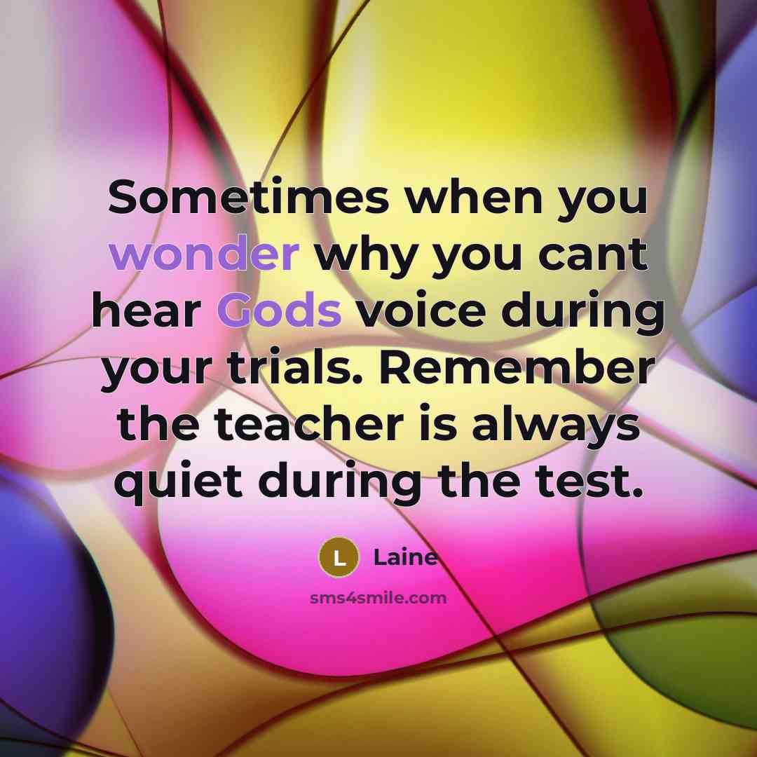 “Sometimes when you wonder why you cant hear Gods voice during your trials. Remember the teacher is always quiet during the test.” quote by Laine