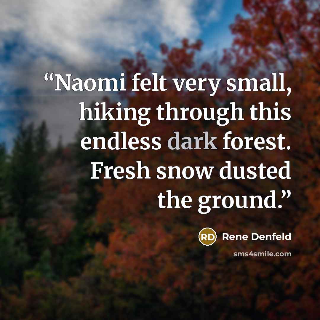 “Naomi felt very small, hiking through this endless dark forest. Fresh snow dusted the ground.” quote by Rene Denfeld