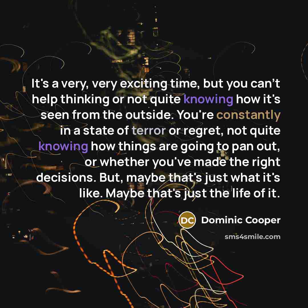 “It's a very, very exciting time, but you can't help thinking or not quite knowing how it's seen from the outside. You're constantly in a state of terror or regret, not quite knowing how things are going to pan out, or whether you've made the right decisions. But, maybe that's just what it's like…” quote by Dominic Cooper