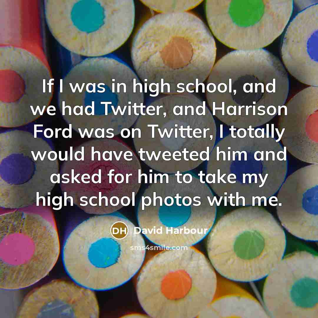 “If I was in high school, and we had Twitter, and Harrison Ford was on Twitter, I totally would have tweeted him and asked for him to take my high school photos with me.” quote by David Harbour