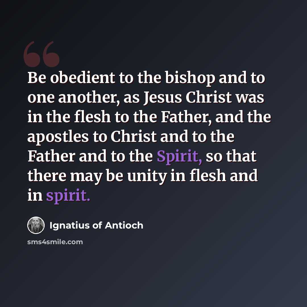 “Be obedient to the bishop and to one another, as Jesus Christ was in the flesh to the Father, and the apostles to Christ and to the Father and to the Spirit, so that there may be unity in flesh and in spirit.” quote by Ignatius of Antioch