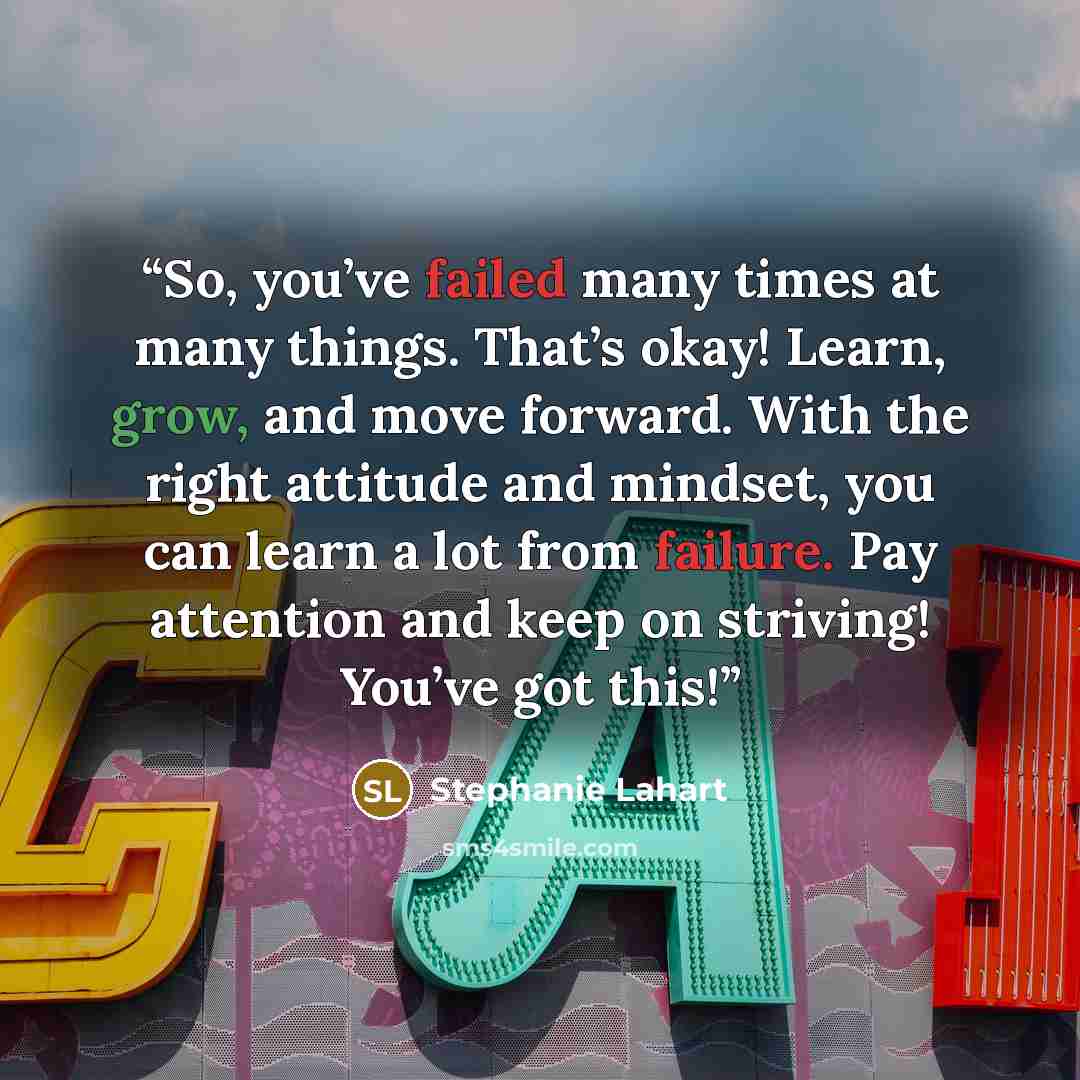 “So, you’ve failed many times at many things. That’s okay! Learn, grow, and move forward. With the right attitude and mindset, you can learn a lot from failure. Pay attention and keep on striving! You’ve got this!” quote by Stephanie Lahart