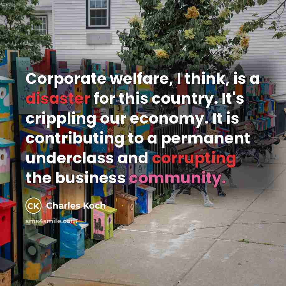 “Corporate welfare, I think, is a disaster for this country. It's crippling our economy. It is contributing to a permanent underclass and corrupting the business community.” quote by Charles Koch
