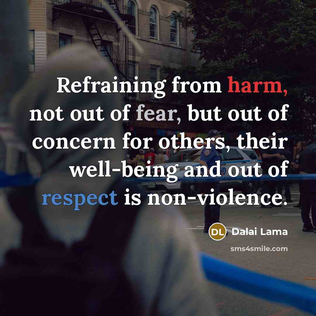 “Refraining from harm, not out of fear, but out of concern for others, their well-being and out of respect is non-violence.” quote by Dalai Lama
