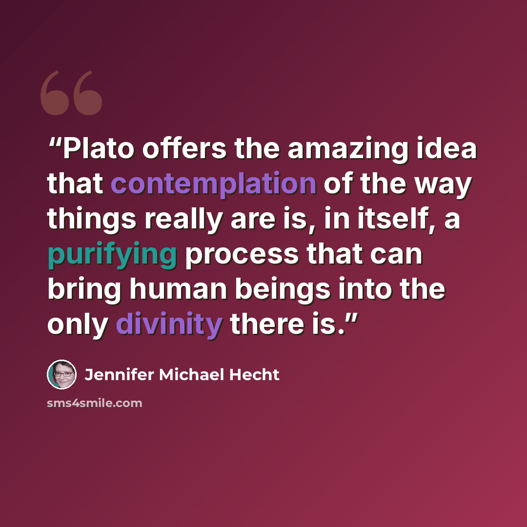 “Plato offers the amazing idea that contemplation of the way things really are is, in itself, a purifying process that can bring human beings into the only divinity there is.” quote by Jennifer Michael Hecht