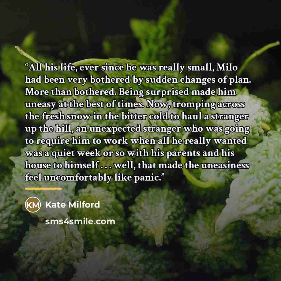 “All his life, ever since he was really small, Milo had been very bothered by sudden changes of plan. More than bothered. Being surprised made him uneasy at the best of times. Now, tromping across the fresh snow in the bitter cold to haul a stranger up the hill, an unexpected stranger who was going…” quote by Kate Milford
