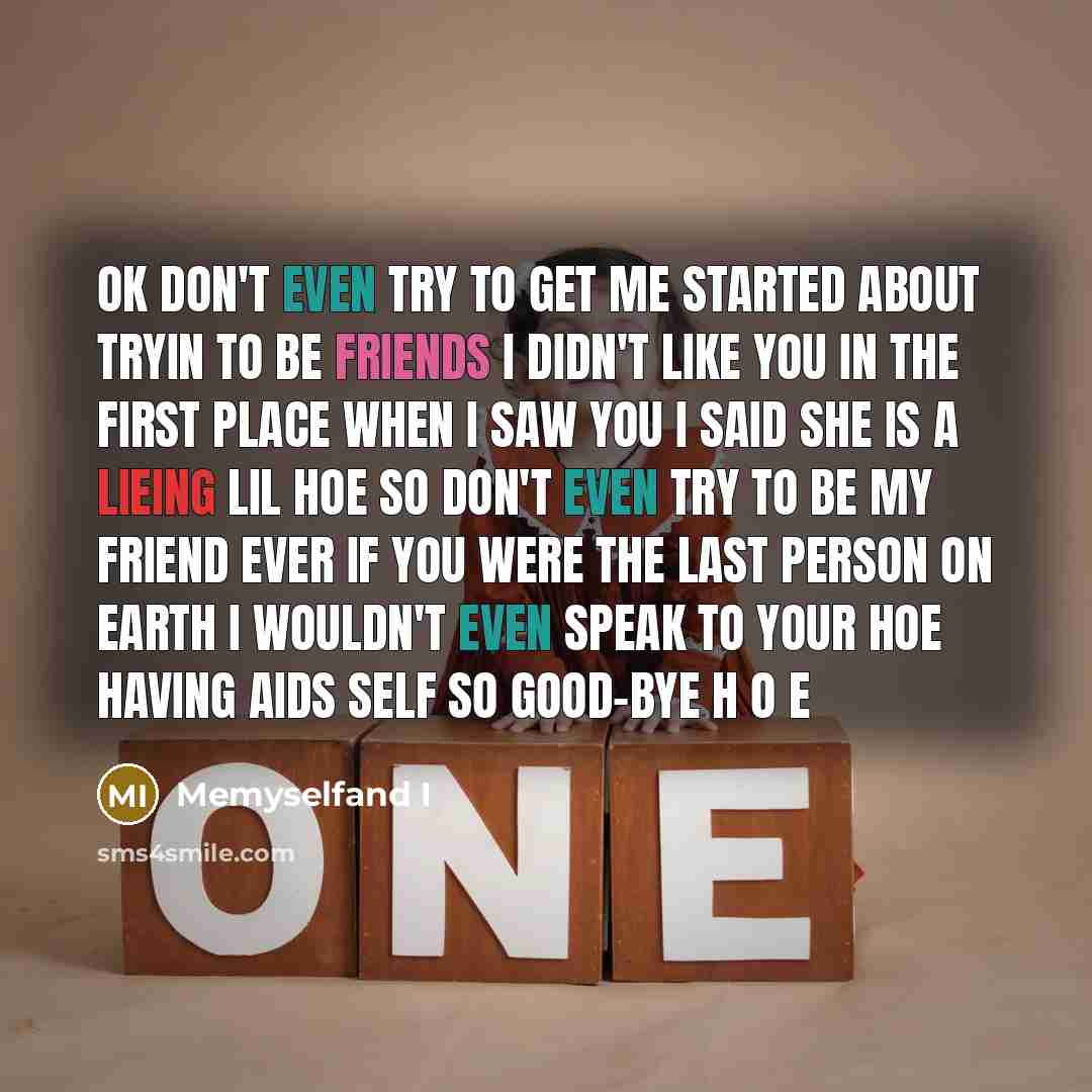 “Ok don't even try to get me started about tryin to be friends I didn't like you in the first place when I saw you I said she is a lieing lil hoe so don't even try to be my friend ever if you were the last person on earth I wouldn't even speak to your hoe having aids self so good-bye H O E” quote by Memyselfand I