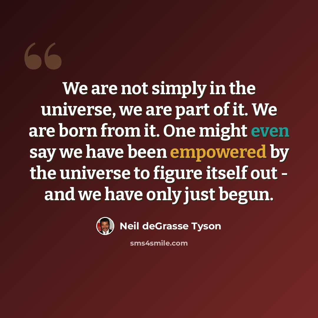 “We are not simply in the universe, we are part of it. We are born from it. One might even say we have been empowered by the universe to figure itself out - and we have only just begun.” quote by Neil deGrasse Tyson
