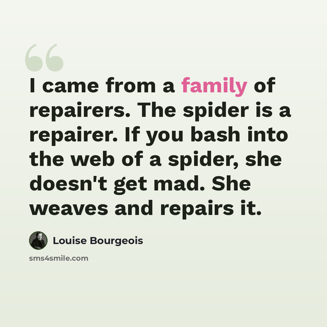 “I came from a family of repairers. The spider is a repairer. If you bash into the web of a spider, she doesn't get mad. She weaves and repairs it.” quote by Louise Bourgeois
