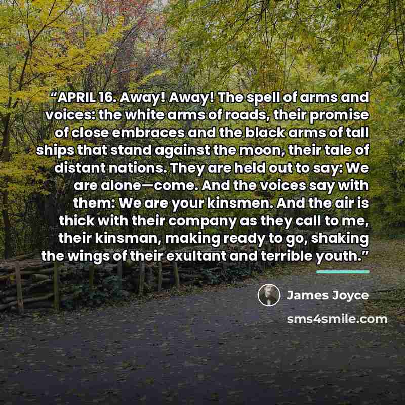 “APRIL 16. Away! Away! The spell of arms and voices: the white arms of roads, their promise of close embraces and the black arms of tall ships that stand against the moon, their tale of distant nations. They are held out to say: We are alone—come. And the voices say with them: We are your kinsmen…” quote by James Joyce