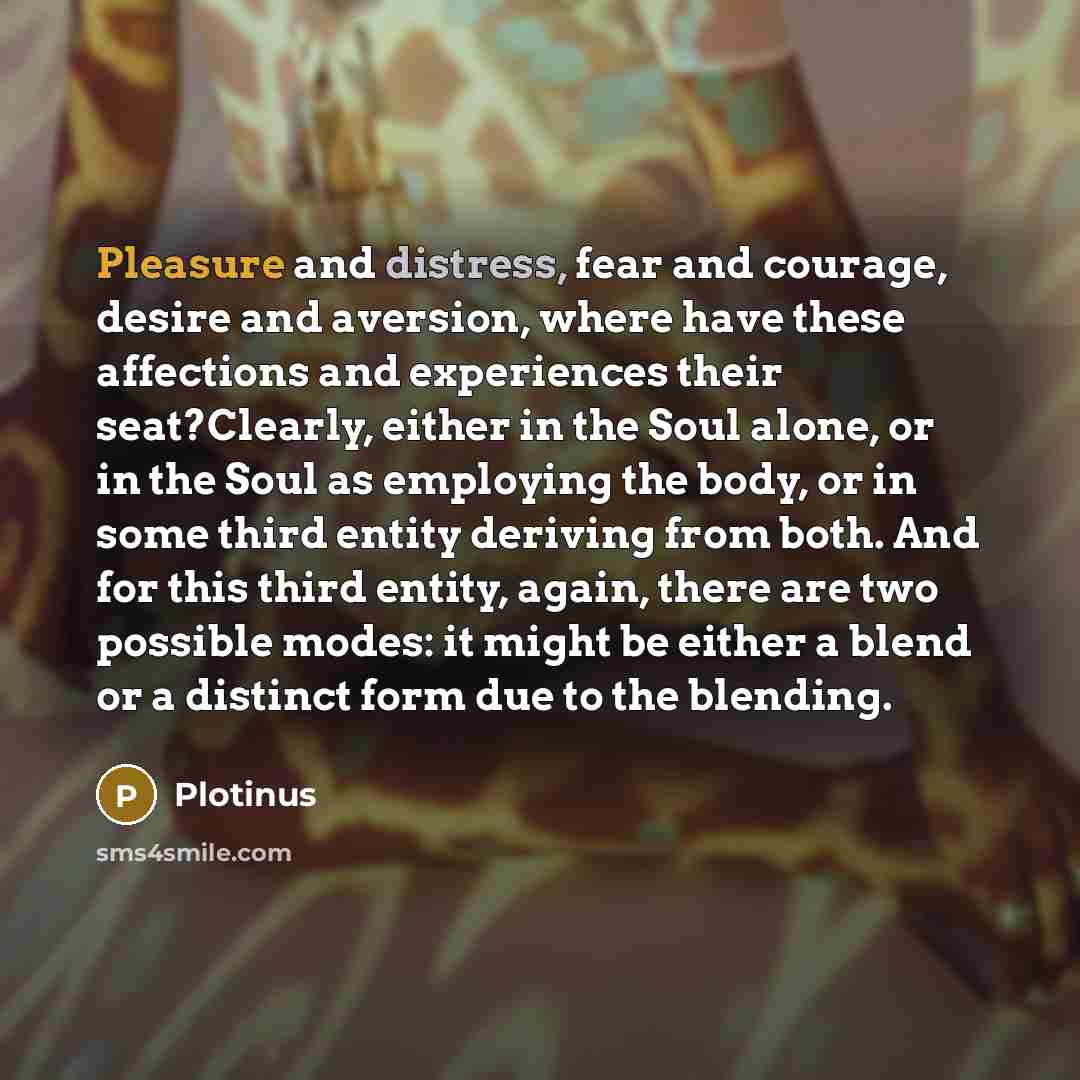 “Pleasure and distress, fear and courage, desire and aversion, where have these affections and experiences their seat?Clearly, either in the Soul alone, or in the Soul as employing the body, or in some third entity deriving from both. And for this third entity, again, there are two possible modes…” quote by Plotinus