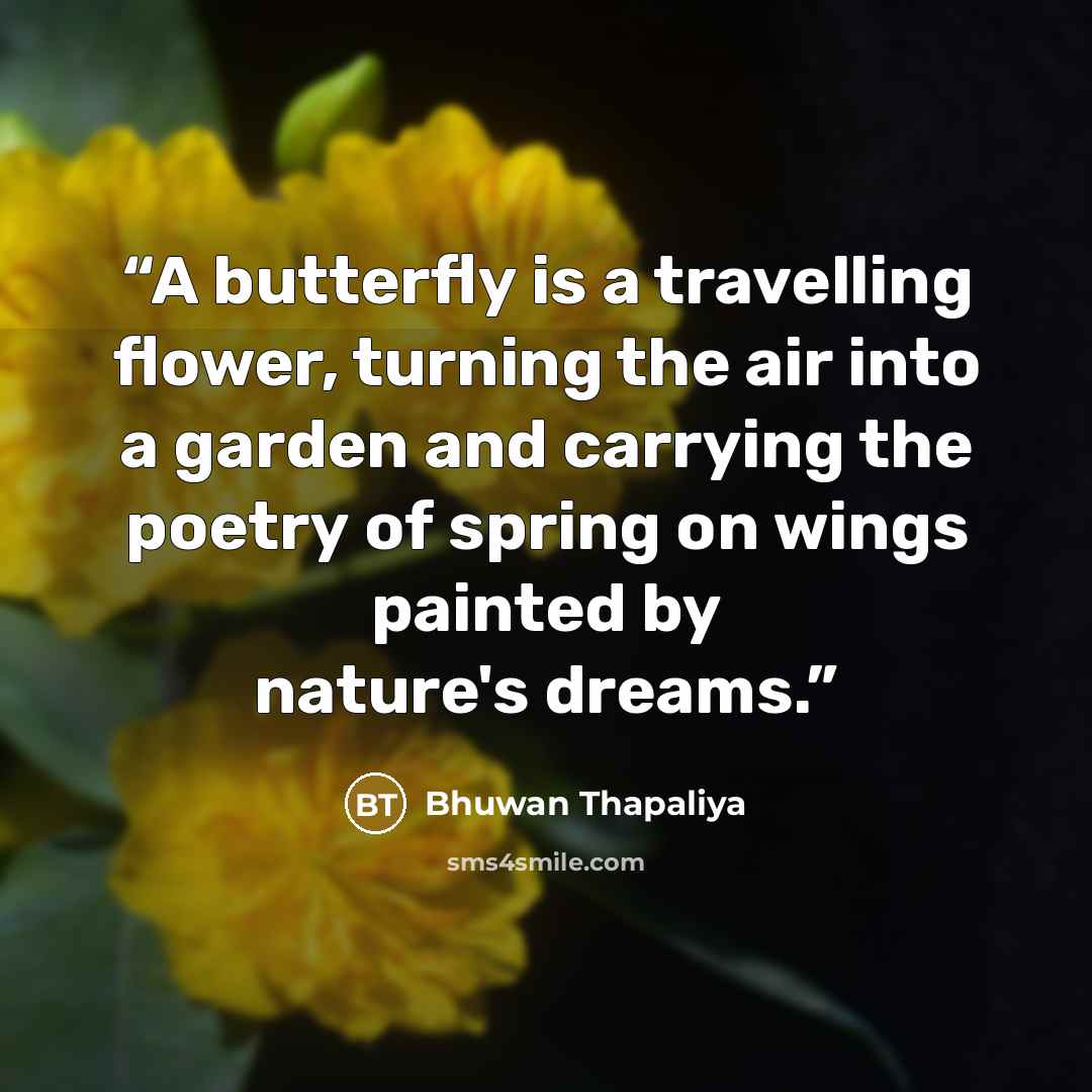 “A butterfly is a travelling flower, turning the air into a garden and carrying the poetry of spring on wings painted by nature's dreams.” quote by Bhuwan Thapaliya