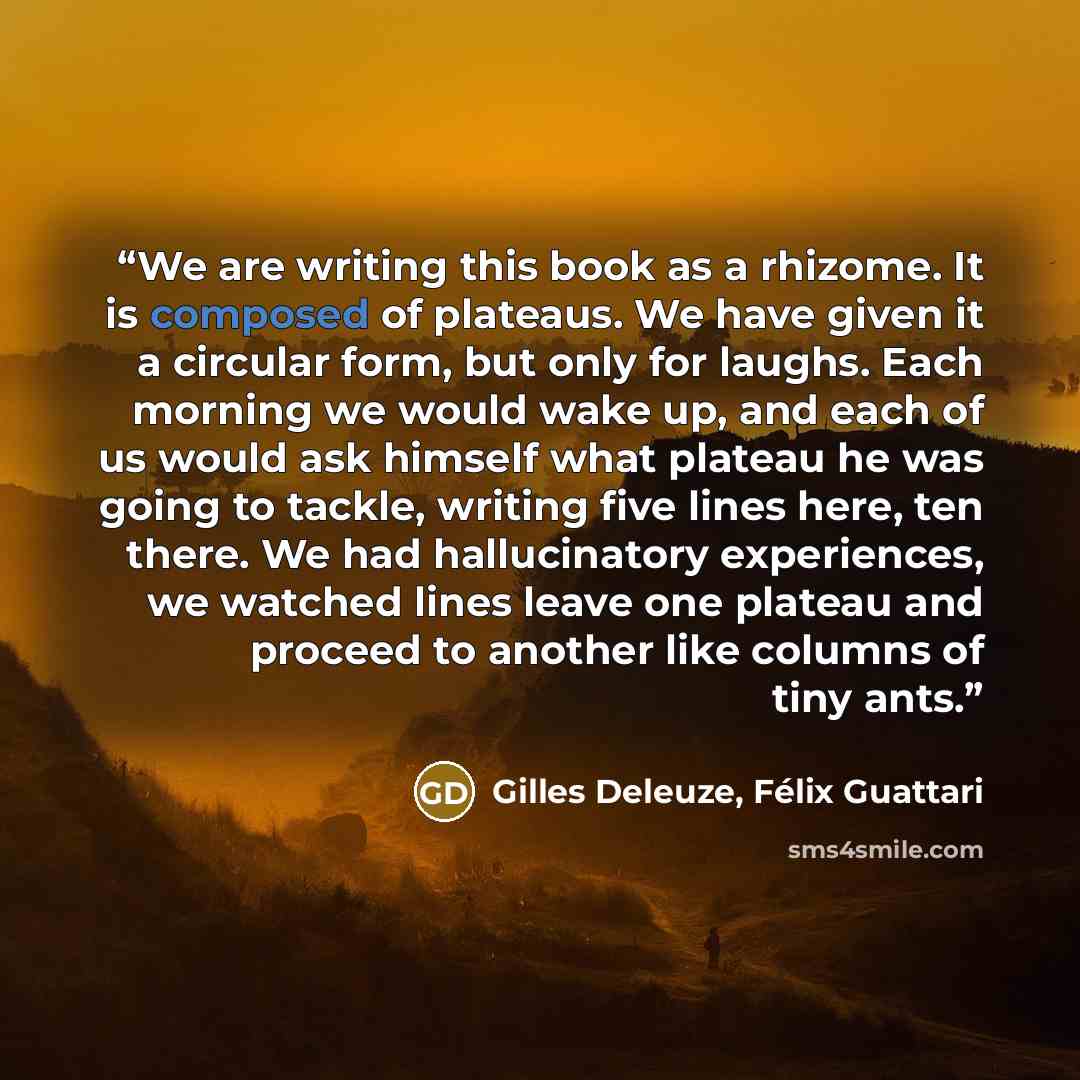 “We are writing this book as a rhizome. It is composed of plateaus. We have given it a circular form, but only for laughs. Each morning we would wake up, and each of us would ask himself what plateau he was going to tackle, writing five lines here, ten there. We had hallucinatory experiences, we…” quote by Gilles Deleuze, Félix Guattari