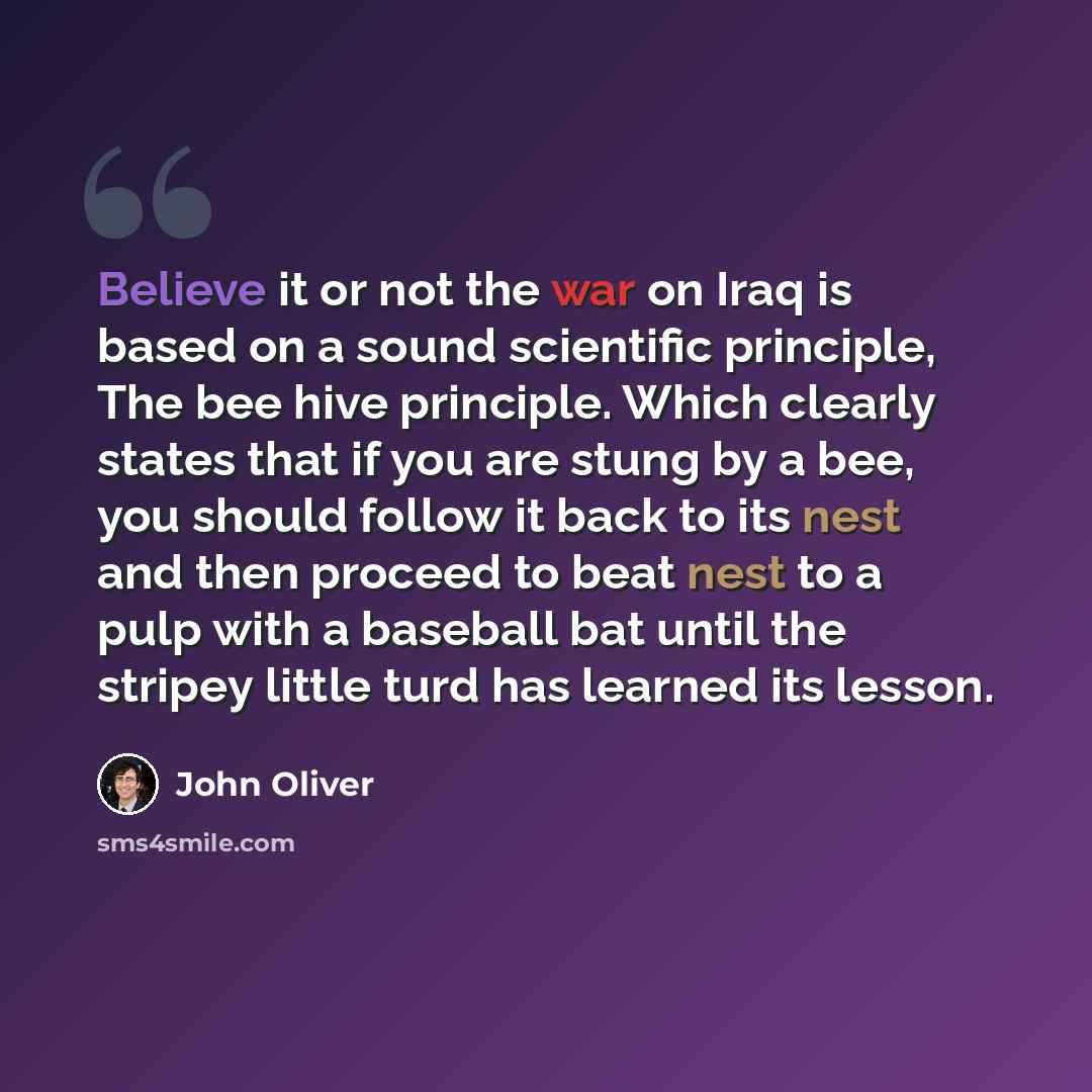 “Believe it or not the war on Iraq is based on a sound scientific principle, The bee hive principle. Which clearly states that if you are stung by a bee, you should follow it back to its nest and then proceed to beat nest to a pulp with a baseball bat until the stripey little turd has learned its…” quote by John Oliver