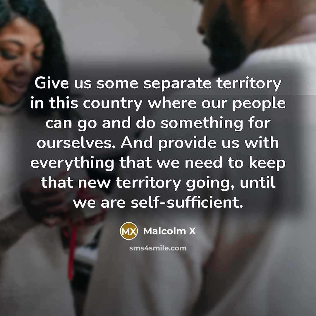 “Give us some separate territory in this country where our people can go and do something for ourselves. And provide us with everything that we need to keep that new territory going, until we are self-sufficient.” quote by Malcolm X