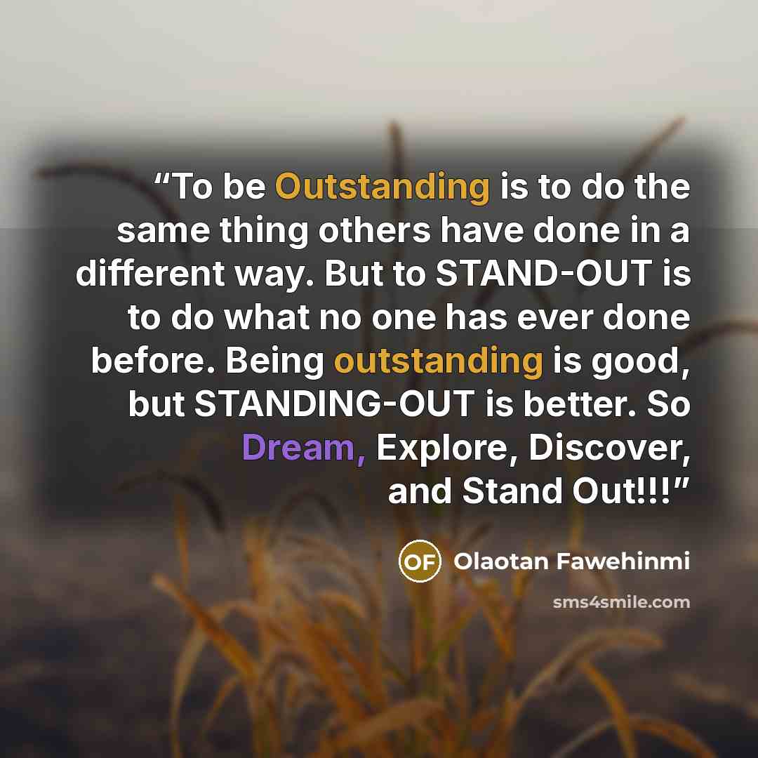 “To be Outstanding is to do the same thing others have done in a different way. But to STAND-OUT is to do what no one has ever done before. Being outstanding is good, but STANDING-OUT is better. So Dream, Explore, Discover, and Stand Out!!!” quote by Olaotan Fawehinmi