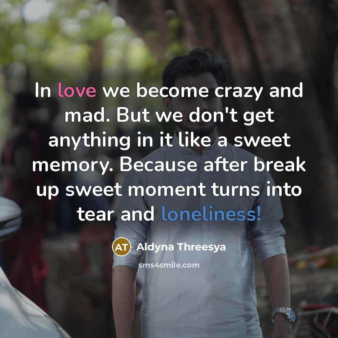 “In love we become crazy and mad. But we don't get anything in it like a sweet memory. Because after break up sweet moment turns into tear and loneliness!” quote by Aldyna Threesya