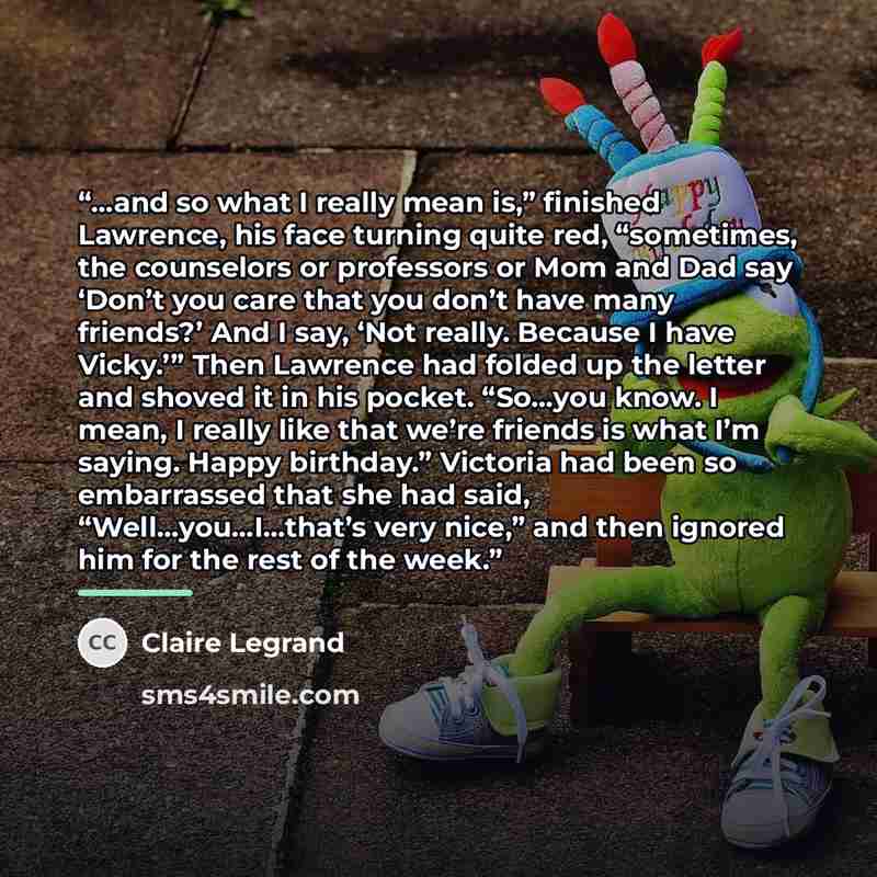 “…and so what I really mean is,” finished Lawrence, his face turning quite red, “sometimes, the counselors or professors or Mom and Dad say ‘Don’t you care that you don’t have many friends?’ And I say, ‘Not really. Because I have Vicky.’” Then Lawrence had folded up the letter and shoved it in his…” quote by Claire Legrand