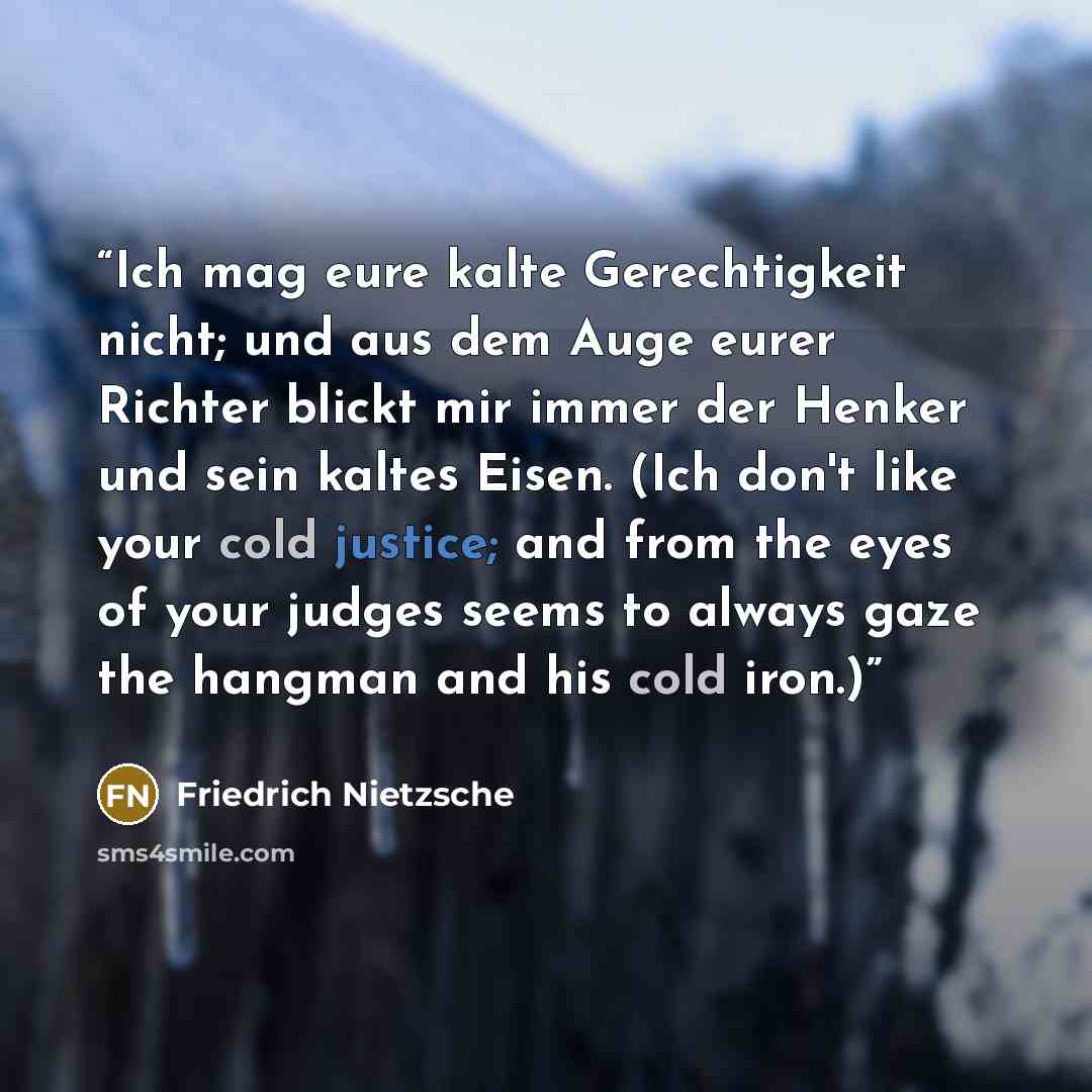 “Ich mag eure kalte Gerechtigkeit nicht; und aus dem Auge eurer Richter blickt mir immer der Henker und sein kaltes Eisen. (Ich don't like your cold justice; and from the eyes of your judges seems to always gaze the hangman and his cold iron.)” quote by Friedrich Nietzsche