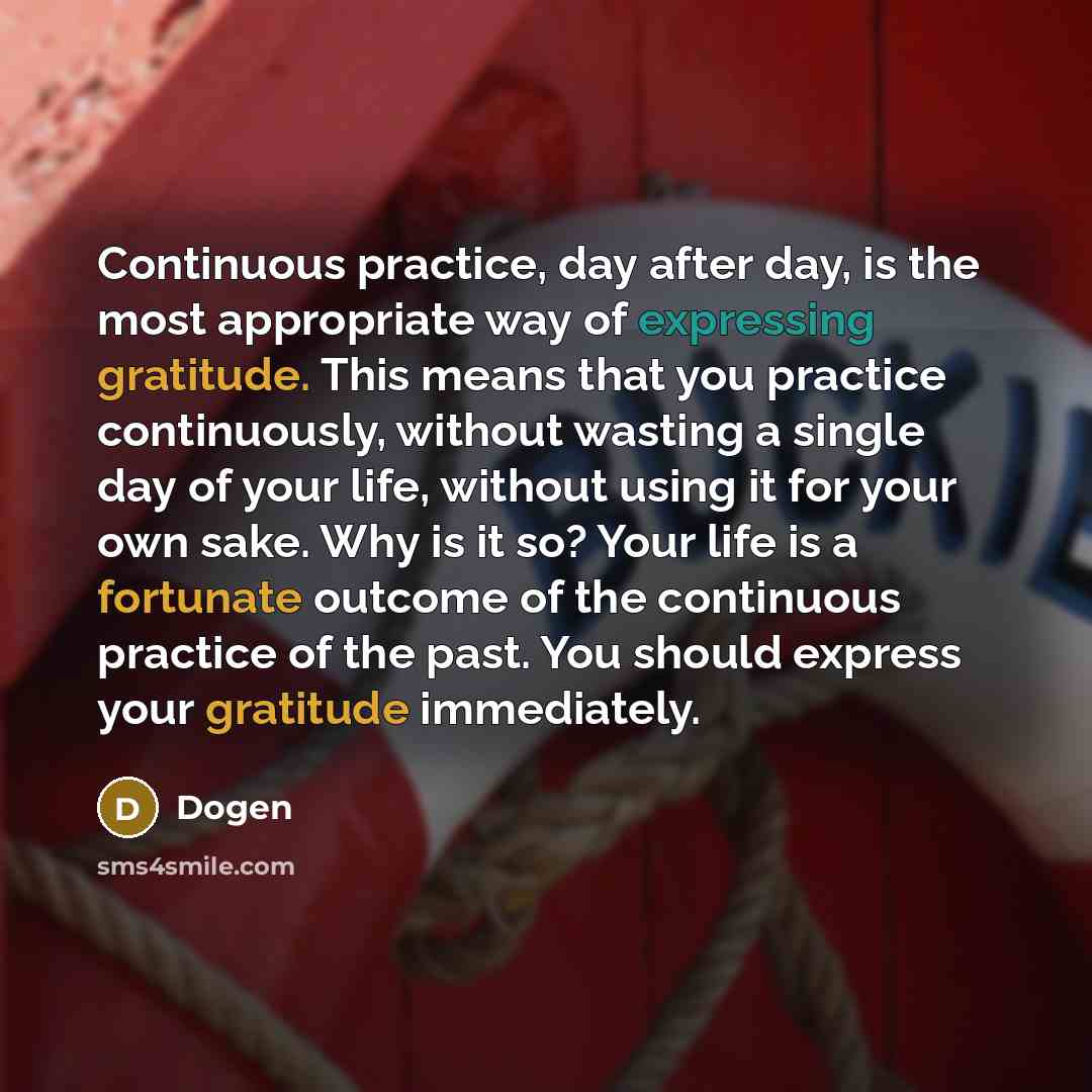 “Continuous practice, day after day, is the most appropriate way of expressing gratitude. This means that you practice continuously, without wasting a single day of your life, without using it for your own sake. Why is it so? Your life is a fortunate outcome of the continuous practice of the past…” quote by Dogen