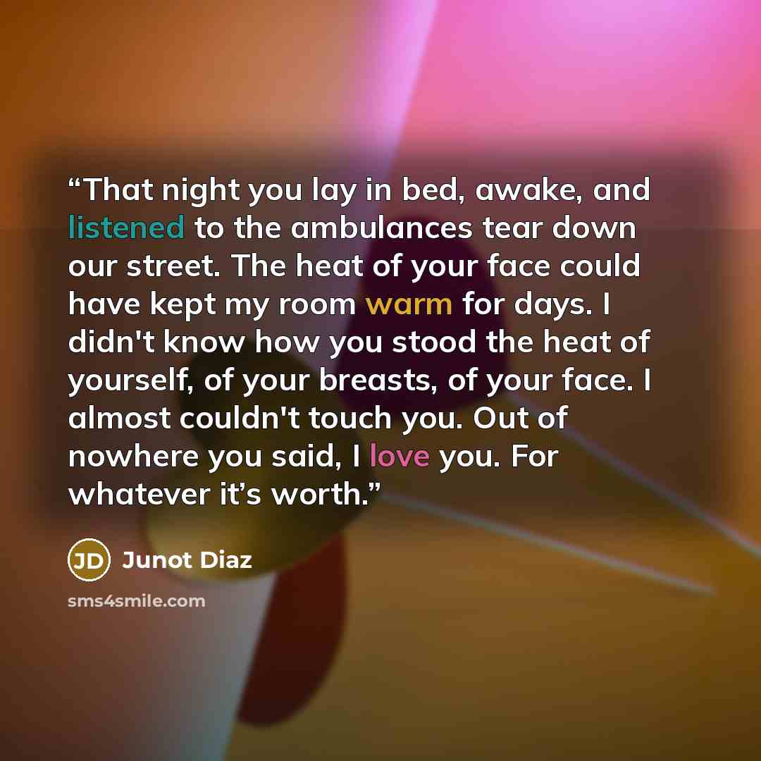 “That night you lay in bed, awake, and listened to the ambulances tear down our street. The heat of your face could have kept my room warm for days. I didn't know how you stood the heat of yourself, of your breasts, of your face. I almost couldn't touch you. Out of nowhere you said, I love you. For…” quote by Junot Díaz
