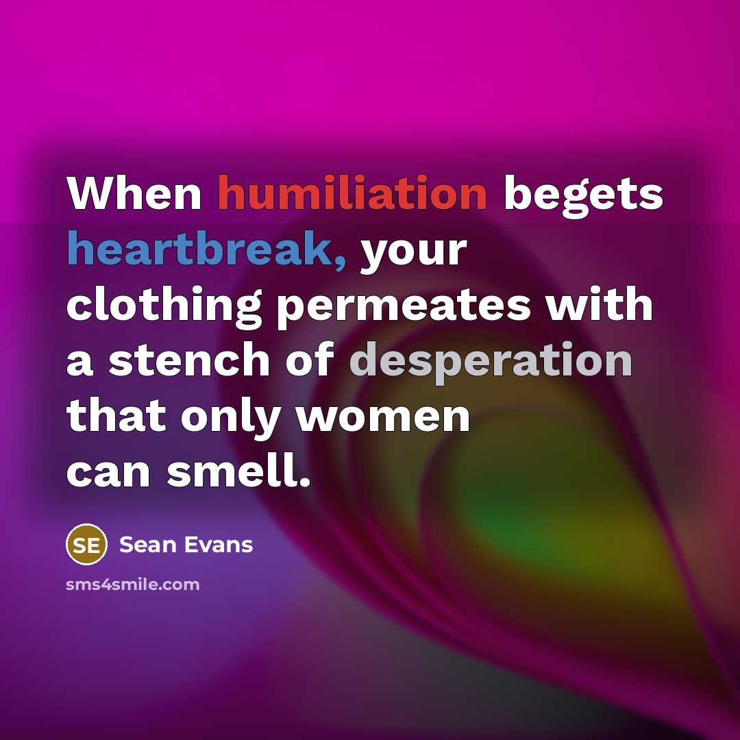 “When humiliation begets heartbreak, your clothing permeates with a stench of desperation that only women can smell.” quote by Sean Evans