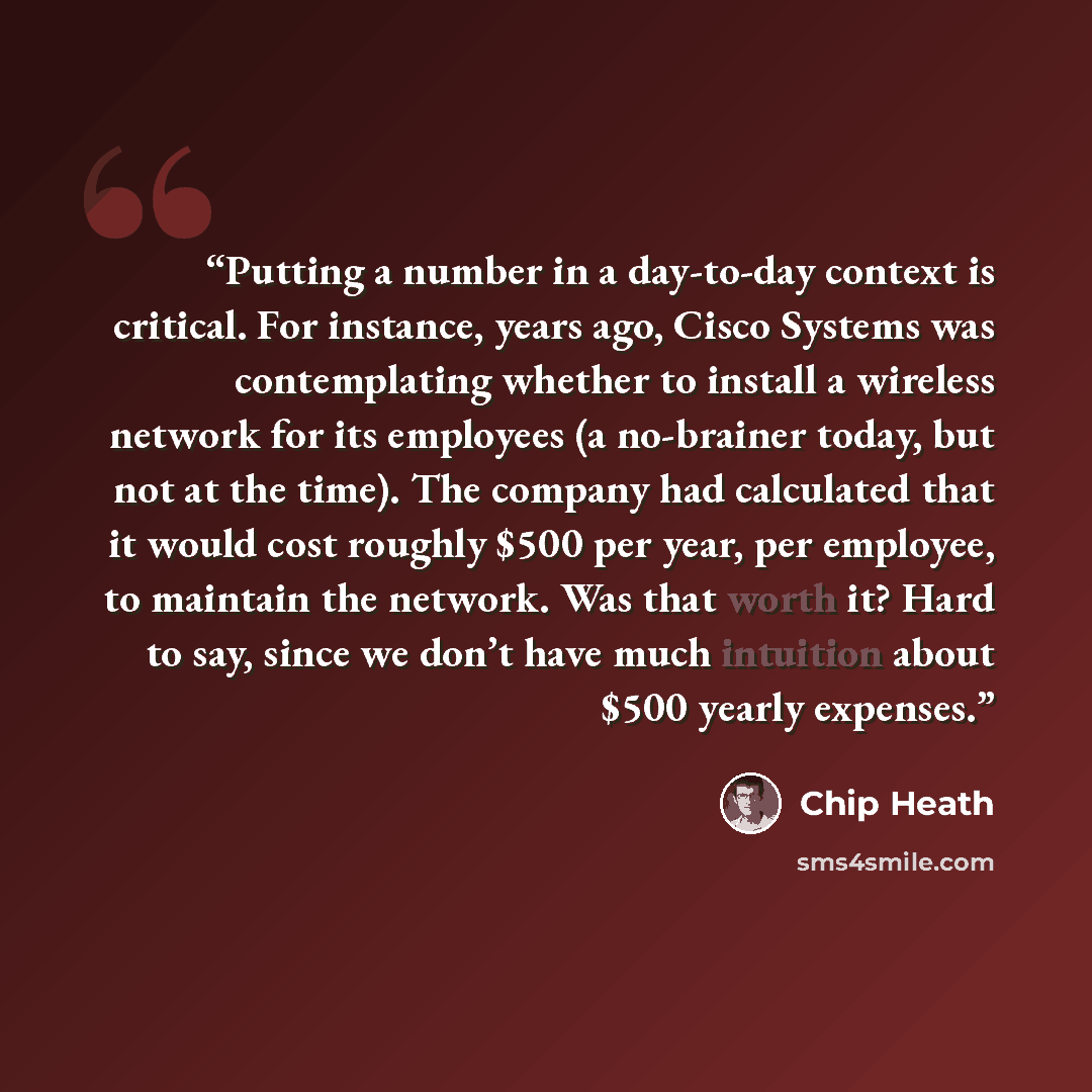 “Putting a number in a day-to-day context is critical. For instance, years ago, Cisco Systems was contemplating whether to install a wireless network for its employees (a no-brainer today, but not at the time). The company had calculated that it would cost roughly $500 per year, per employee, to…” quote by Chip Heath