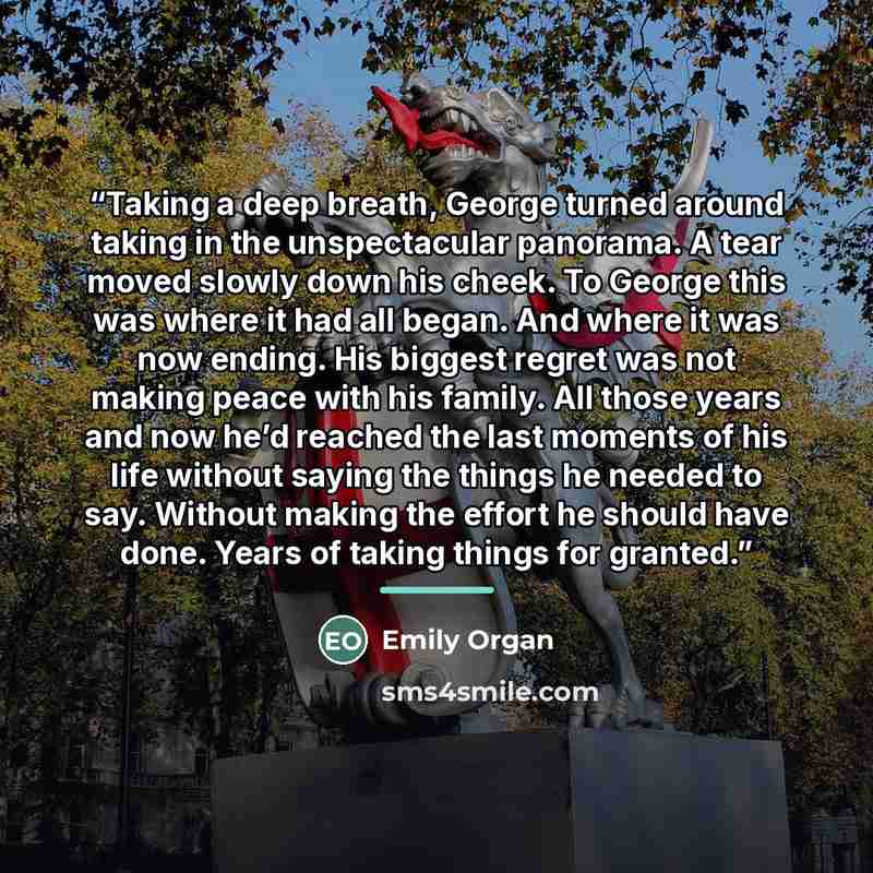 “Taking a deep breath, George turned around taking in the unspectacular panorama. A tear moved slowly down his cheek. To George this was where it had all began. And where it was now ending. His biggest regret was not making peace with his family. All those years and now he’d reached the last…” quote by Emily Organ