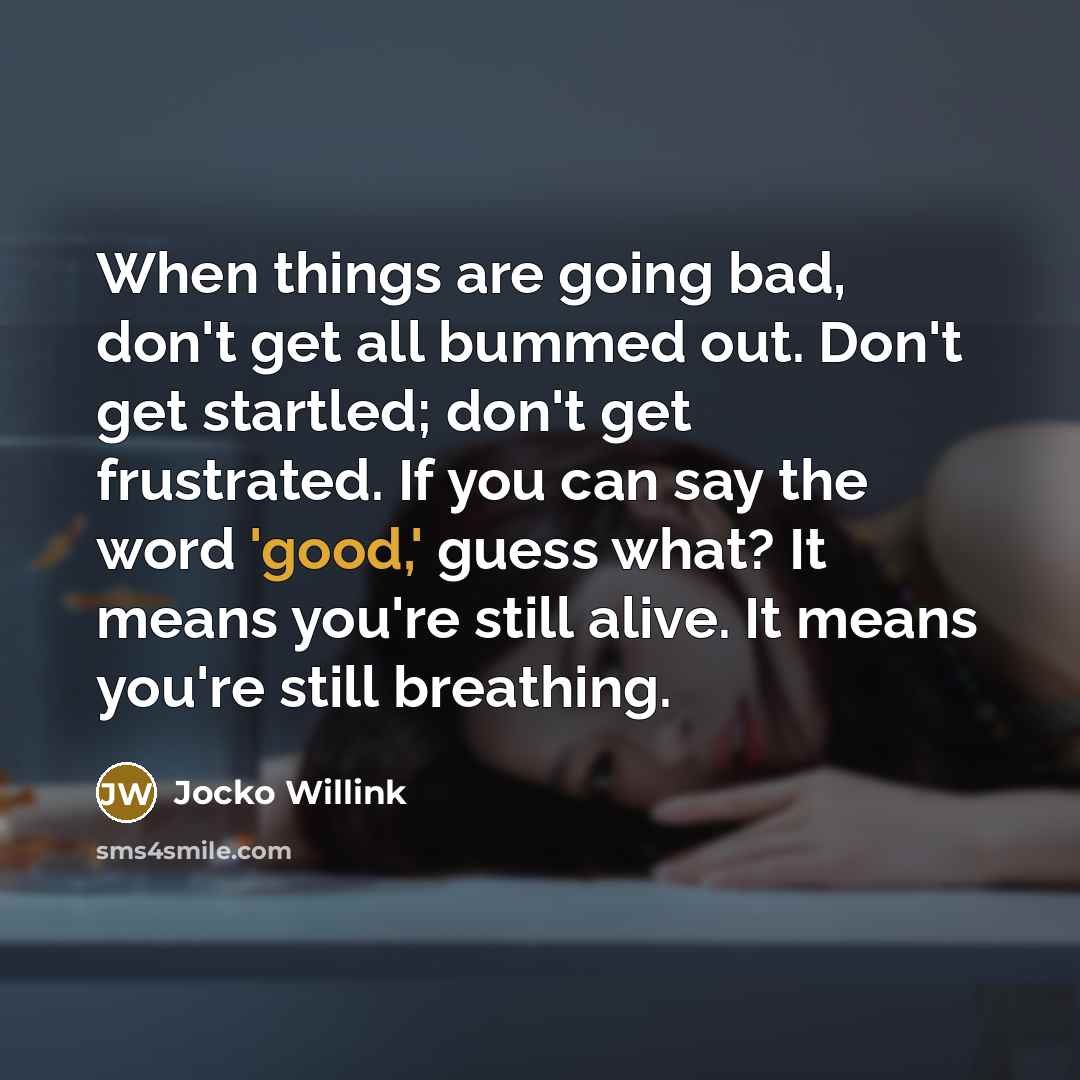“When things are going bad, don't get all bummed out. Don't get startled; don't get frustrated. If you can say the word 'good,' guess what? It means you're still alive. It means you're still breathing.” quote by Jocko Willink