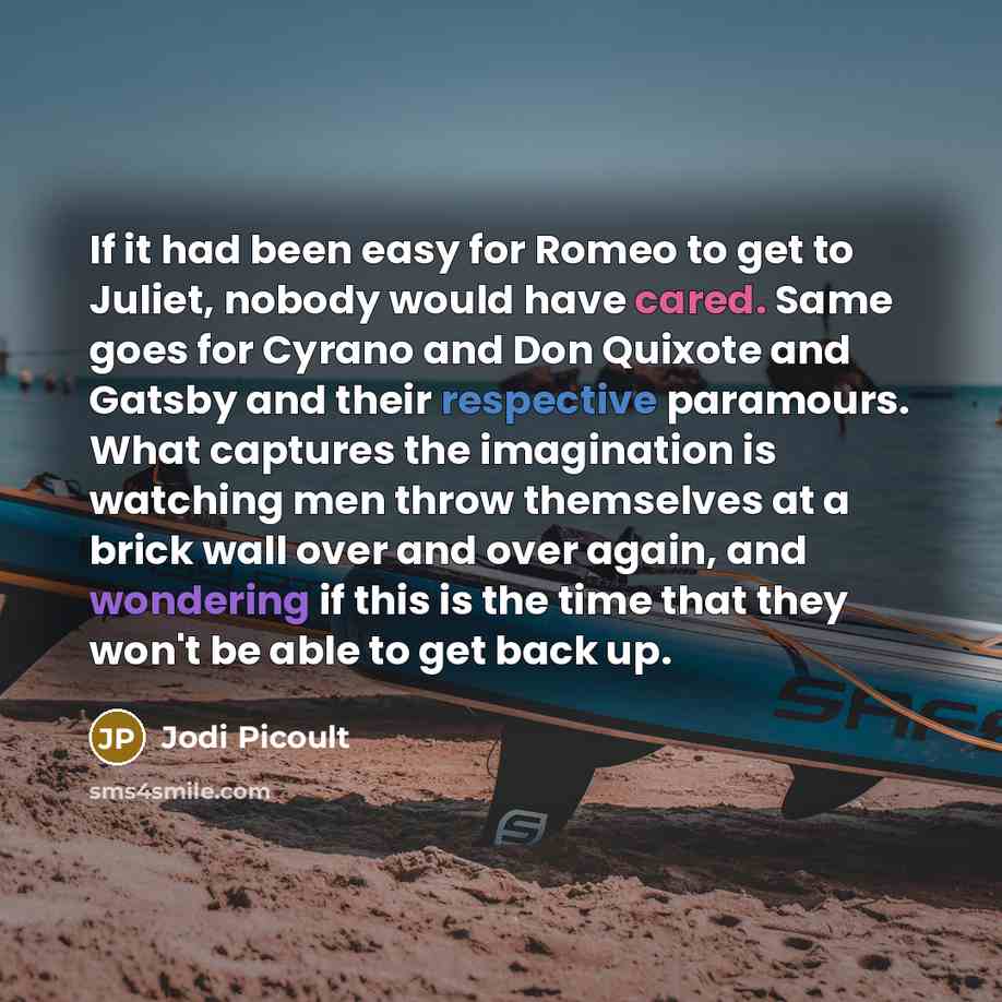 “If it had been easy for Romeo to get to Juliet, nobody would have cared. Same goes for Cyrano and Don Quixote and Gatsby and their respective paramours. What captures the imagination is watching men throw themselves at a brick wall over and over again, and wondering if this is the time that they…” quote by Jodi Picoult