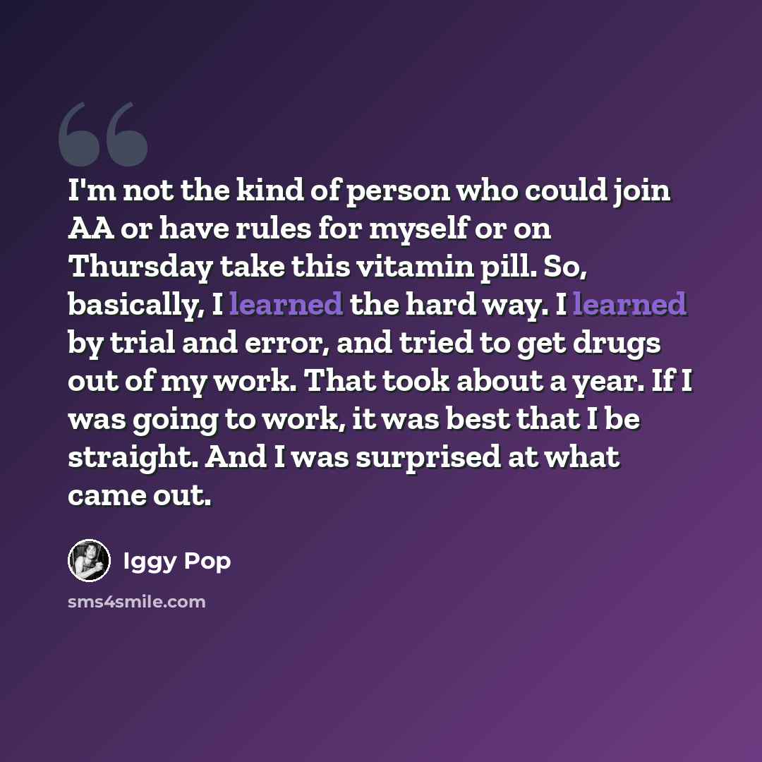 “I'm not the kind of person who could join AA or have rules for myself or on Thursday take this vitamin pill. So, basically, I learned the hard way. I learned by trial and error, and tried to get drugs out of my work. That took about a year. If I was going to work, it was best that I be straight…” quote by Iggy Pop
