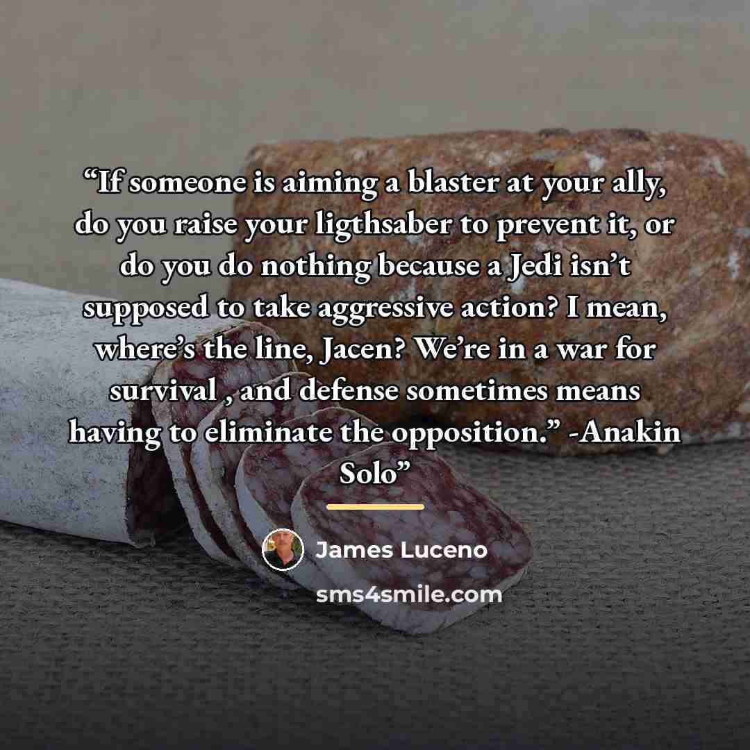 “If someone is aiming a blaster at your ally, do you raise your ligthsaber to prevent it, or do you do nothing because a Jedi isn’t supposed to take aggressive action? I mean, where’s the line, Jacen? We’re in a war for survival , and defense sometimes means having to eliminate the opposition.”…” quote by James Luceno