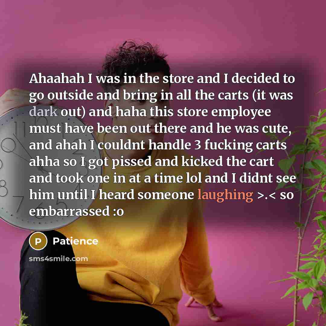 “Ahaahah I was in the store and I decided to go outside and bring in all the carts (it was dark out) and haha this store employee must have been out there and he was cute, and ahah I couldnt handle 3 fucking carts ahha so I got pissed and kicked the cart and took one in at a time lol and I didnt…” quote by Patience