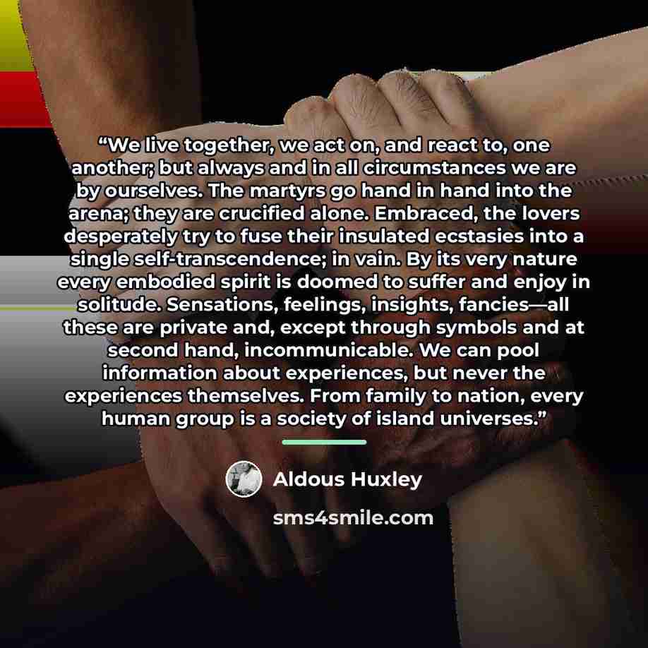 “We live together, we act on, and react to, one another; but always and in all circumstances we are by ourselves. The martyrs go hand in hand into the arena; they are crucified alone. Embraced, the lovers desperately try to fuse their insulated ecstasies into a single self-transcendence; in vain…” quote by Aldous Huxley