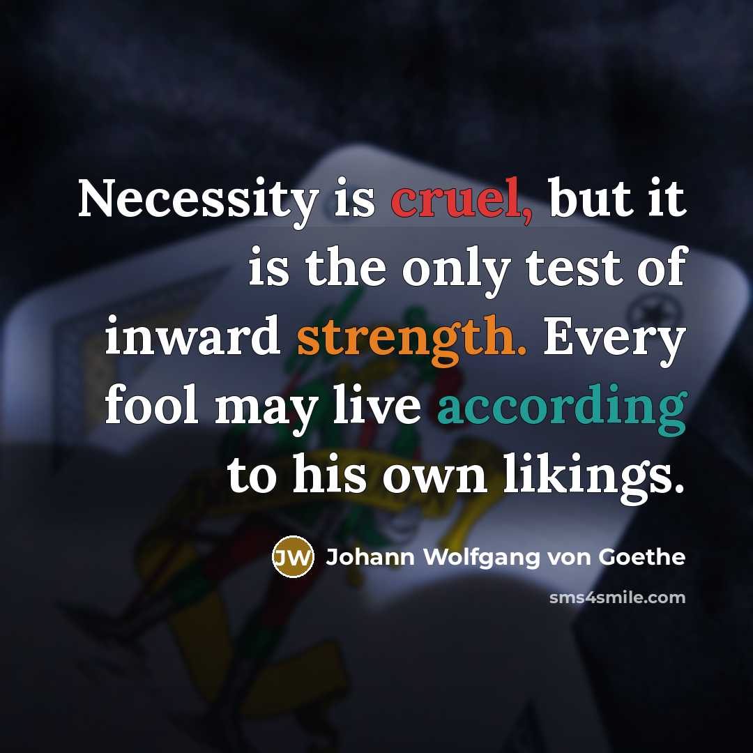 “Necessity is cruel, but it is the only test of inward strength. Every fool may live according to his own likings.” quote by Johann Wolfgang von Goethe
