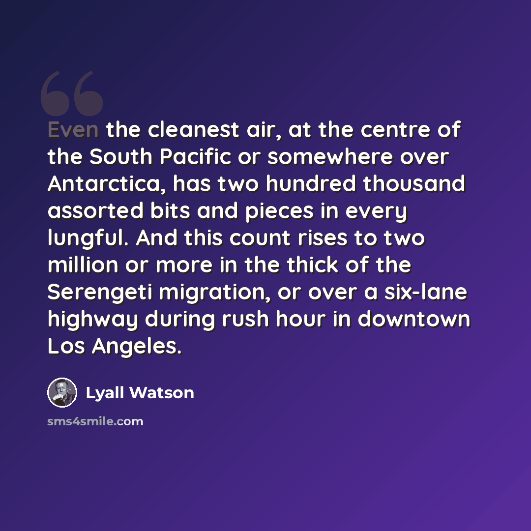 “Even the cleanest air, at the centre of the South Pacific or somewhere over Antarctica, has two hundred thousand assorted bits and pieces in every lungful. And this count rises to two million or more in the thick of the Serengeti migration, or over a six-lane highway during rush hour in downtown…” quote by Lyall Watson