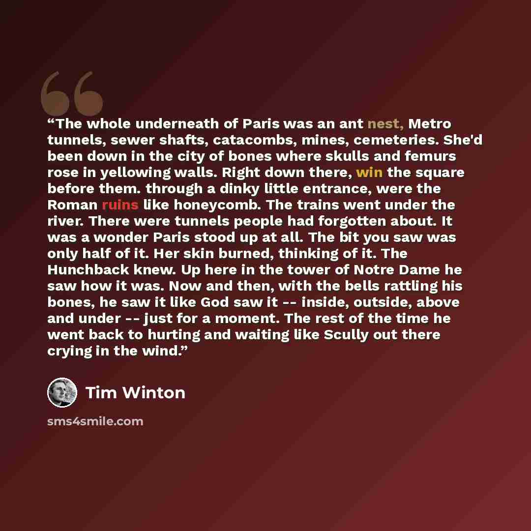 “The whole underneath of Paris was an ant nest, Metro tunnels, sewer shafts, catacombs, mines, cemeteries. She'd been down in the city of bones where skulls and femurs rose in yellowing walls. Right down there, win the square before them. through a dinky little entrance, were the Roman ruins like…” quote by Tim Winton