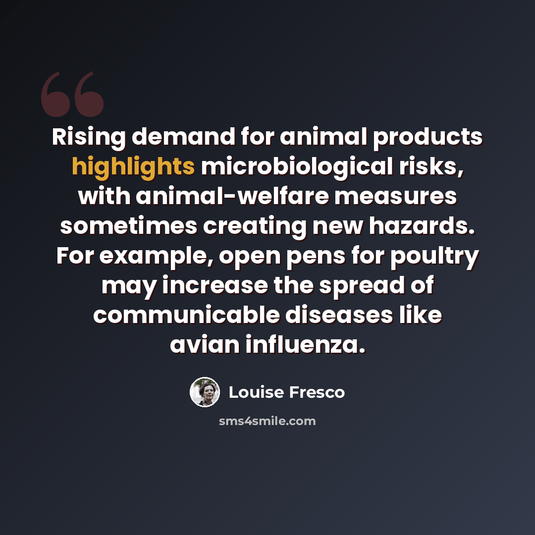 “Rising demand for animal products highlights microbiological risks, with animal-welfare measures sometimes creating new hazards. For example, open pens for poultry may increase the spread of communicable diseases like avian influenza.” quote by Louise Fresco