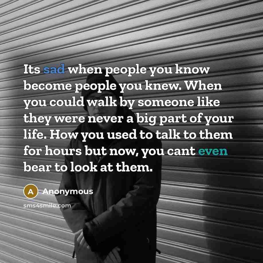 “Its sad when people you know become people you knew. When you could walk by someone like they were never a big part of your life. How you used to talk to them for hours but now, you cant even bear to look at them.” quote by Anonymous