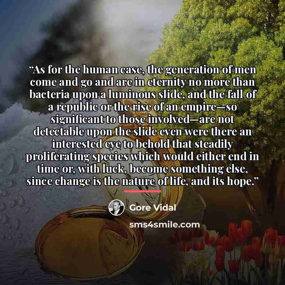 “As for the human case, the generation of men come and go and are in eternity no more than bacteria upon a luminous slide, and the fall of a republic or the rise of an empire—so significant to those involved—are not detectable upon the slide even were there an interested eye to behold that steadily…” quote by Gore Vidal