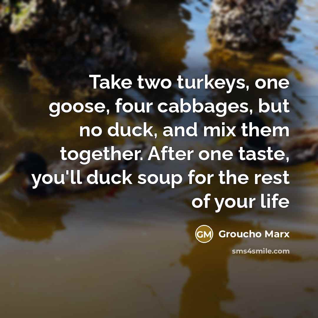 “Take two turkeys, one goose, four cabbages, but no duck, and mix them together. After one taste, you'll duck soup for the rest of your life” quote by Groucho Marx