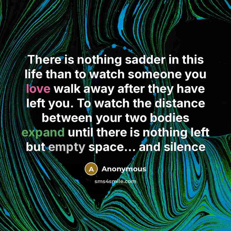 “There is nothing sadder in this life than to watch someone you love walk away after they have left you. To watch the distance between your two bodies expand until there is nothing left but empty space... and silence” quote by Anonymous