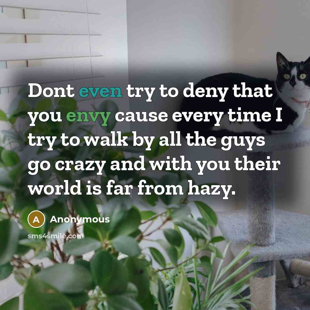 “Dont even try to deny that you envy cause every time I try to walk by all the guys go crazy and with you their world is far from hazy.” quote by Anonymous