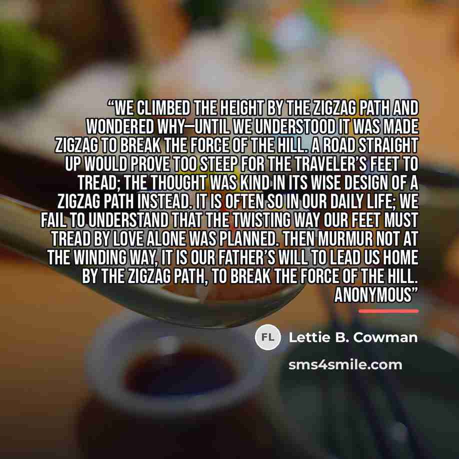 “We climbed the height by the zigzag path And wondered why—until We understood it was made zigzag To break the force of the hill. A road straight up would prove too steep For the traveler’s feet to tread; The thought was kind in its wise design Of a zigzag path instead. It is often so in our daily…” quote by Lettie B. Cowman