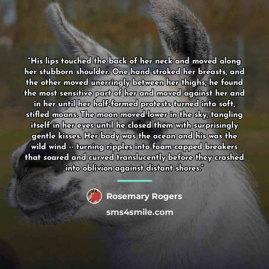 “His lips touched the back of her neck and moved along her stubborn shoulder. One hand stroked her breasts, and the other moved unerringly between her thighs; he found the most sensitive part of her and moved against her and in her until her half-formed protests turned into soft, stifled moans. The…” quote by Rosemary Rogers