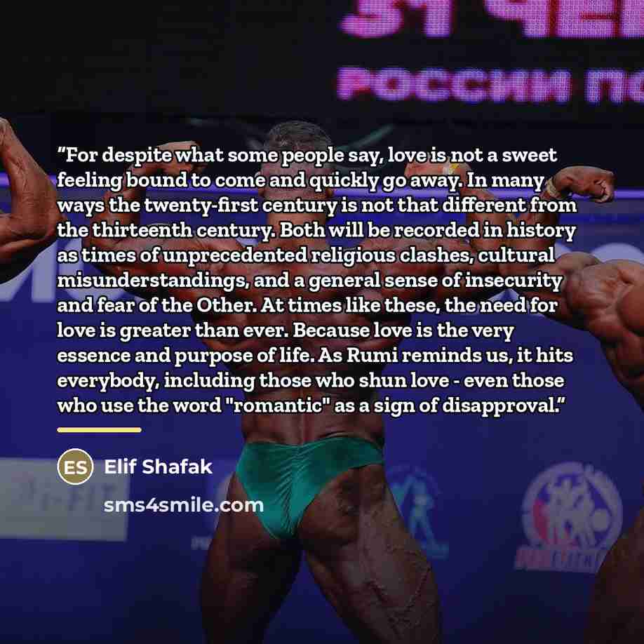 “For despite what some people say, love is not a sweet feeling bound to come and quickly go away. In many ways the twenty-first century is not that different from the thirteenth century. Both will be recorded in history as times of unprecedented religious clashes, cultural misunderstandings, and a…” quote by Elif Shafak