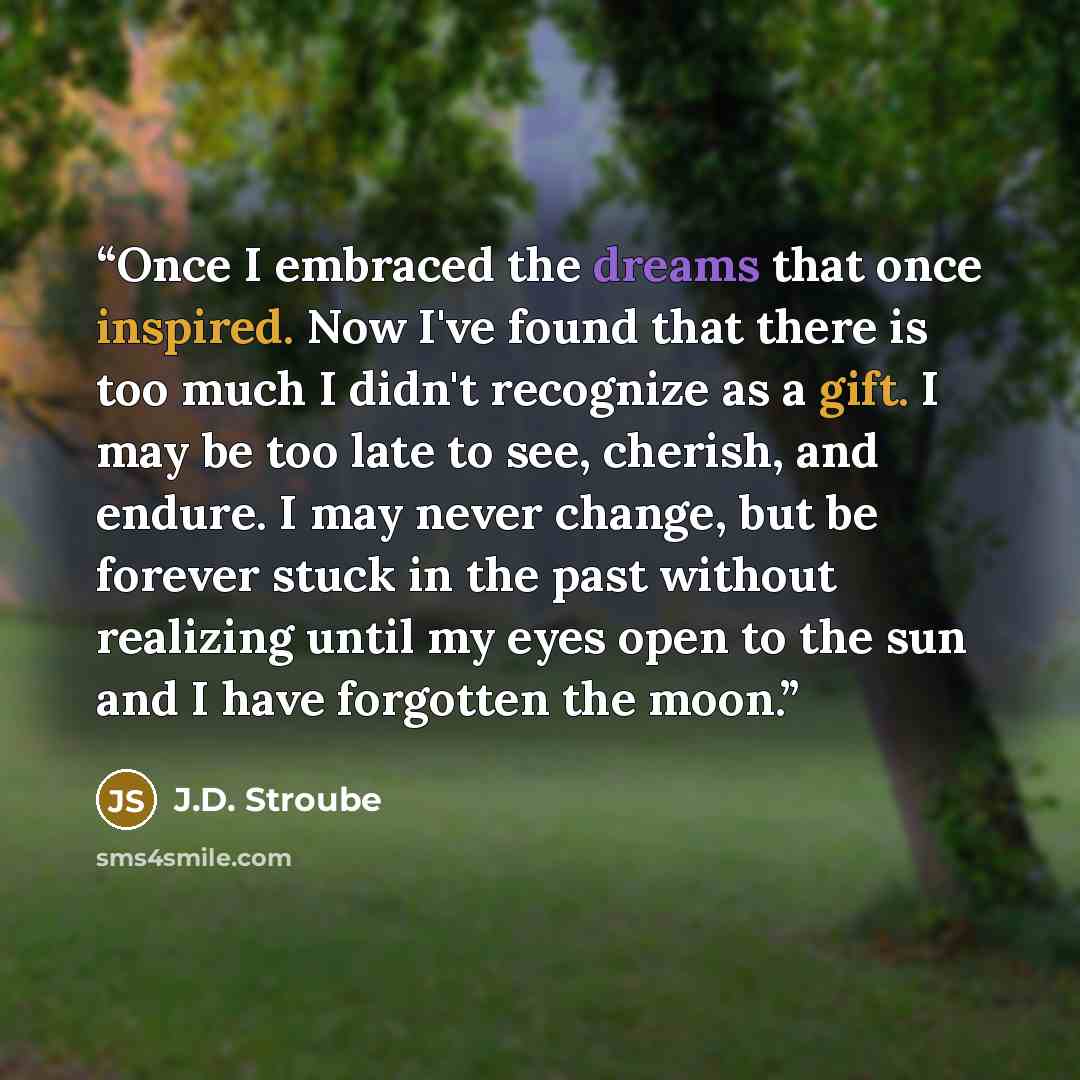 “Once I embraced the dreams that once inspired. Now I've found that there is too much I didn't recognize as a gift. I may be too late to see, cherish, and endure. I may never change, but be forever stuck in the past without realizing until my eyes open to the sun and I have forgotten the moon.” quote by J.D. Stroube