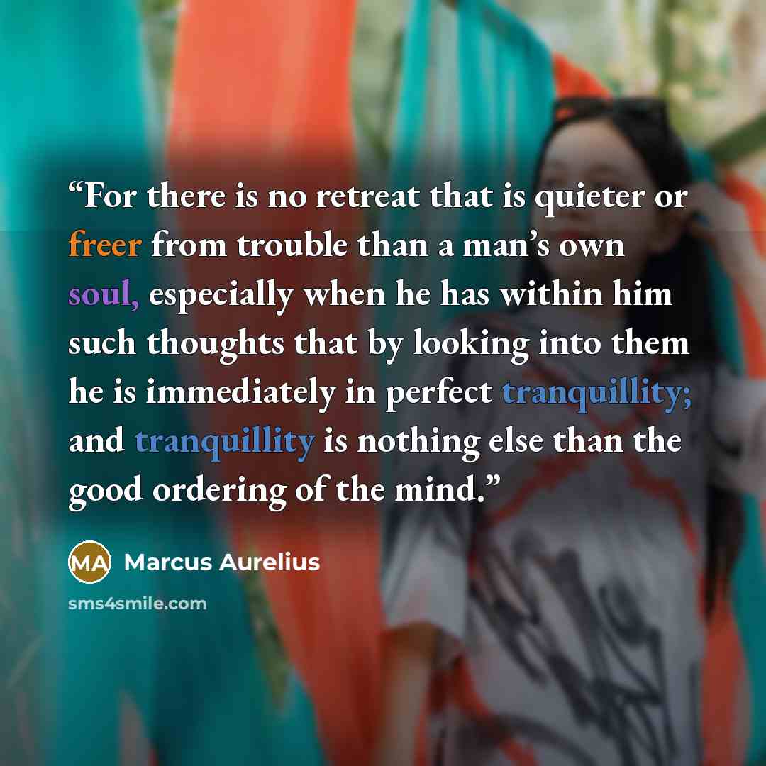 “For there is no retreat that is quieter or freer from trouble than a man’s own soul, especially when he has within him such thoughts that by looking into them he is immediately in perfect tranquillity; and tranquillity is nothing else than the good ordering of the mind.” quote by Marcus Aurelius